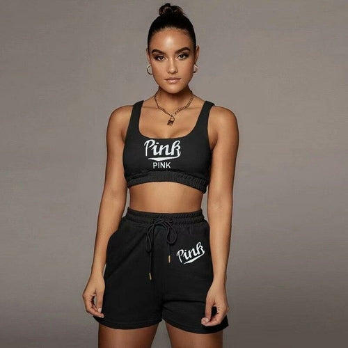 2 Pcs Women Set Letters Tank and Shorts Summer Sport Casual Outfits